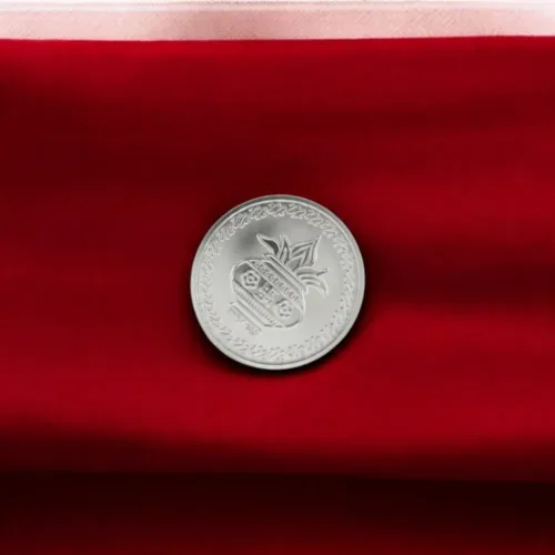 2 gram silver coin at low price displayed on red fabric background – premium finish silver coin