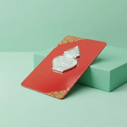 1 gram silver kalash with premium packing card displayed for gifting and religious occasions