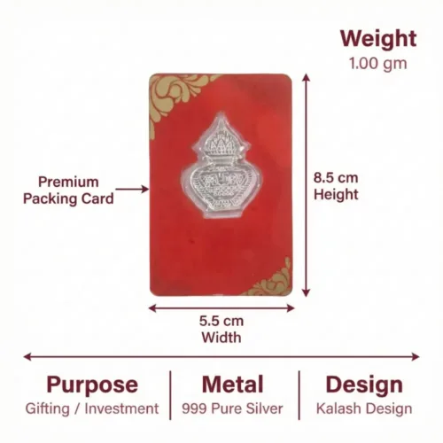 1 gram silver kalash size and dimensions showing premium packing card and 999 pure silver kalash design
