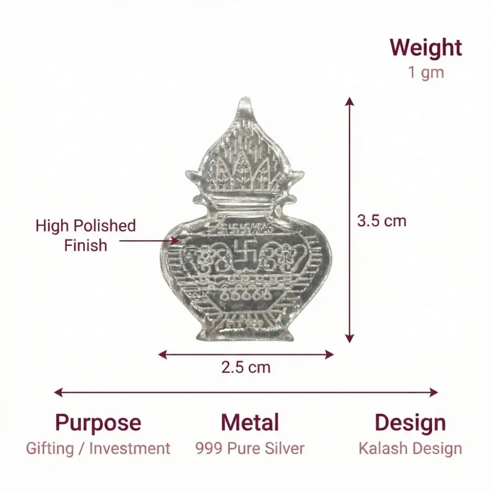 1 Gram Silver Kalash 999 Pure Silver with Polished Finish 1 gram silver kalash 999 pure silver with polished finish and traditional kalash motif for pooja use