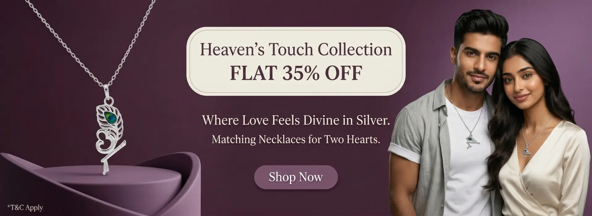 Couple wearing matching silver Krishna pendants from the Heaven's Touch Collection with a flat 35 percent off.
