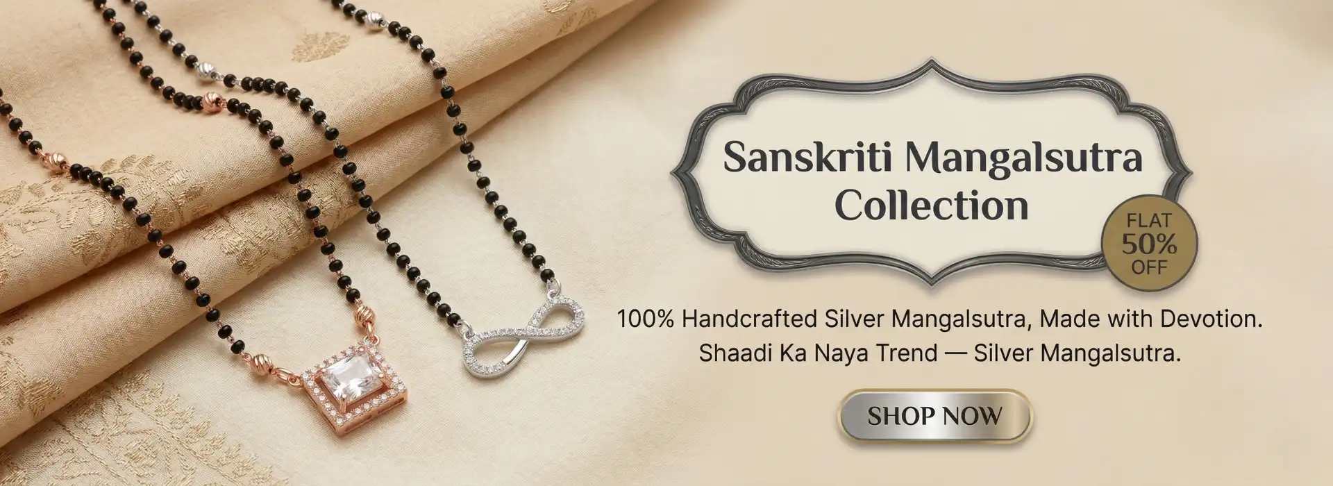 Handcrafted Pure Silver Mangalsutra from the Sanskriti Collection showing a flat 50 percent off discount.