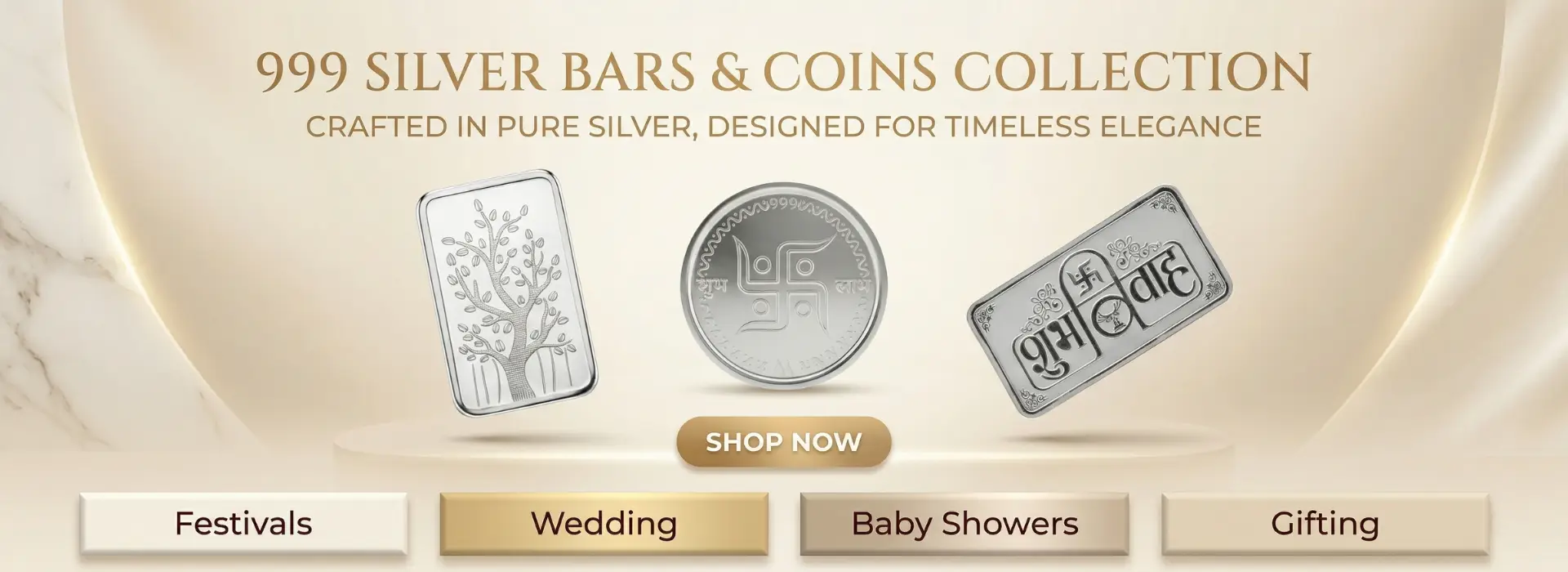 999 Pure Silver Bars and Coins Collection featuring Shubh Vivah and Swastika designs for gifting.