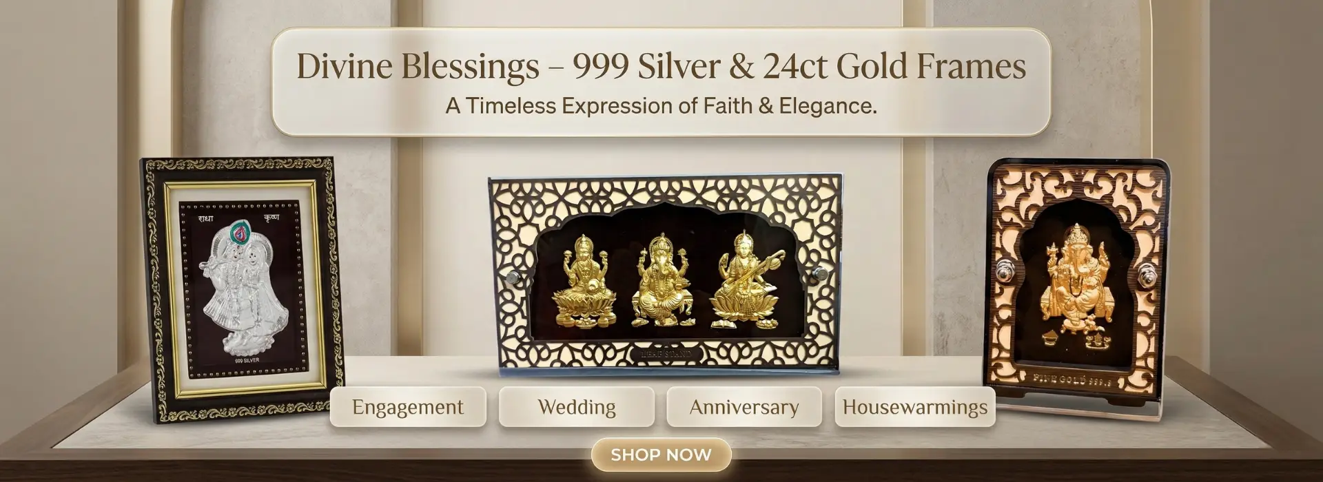 Divine Blessings 999 Silver and 24ct Gold Frames of Radha Krishna, Ganesha, and Saraswati for home decor.