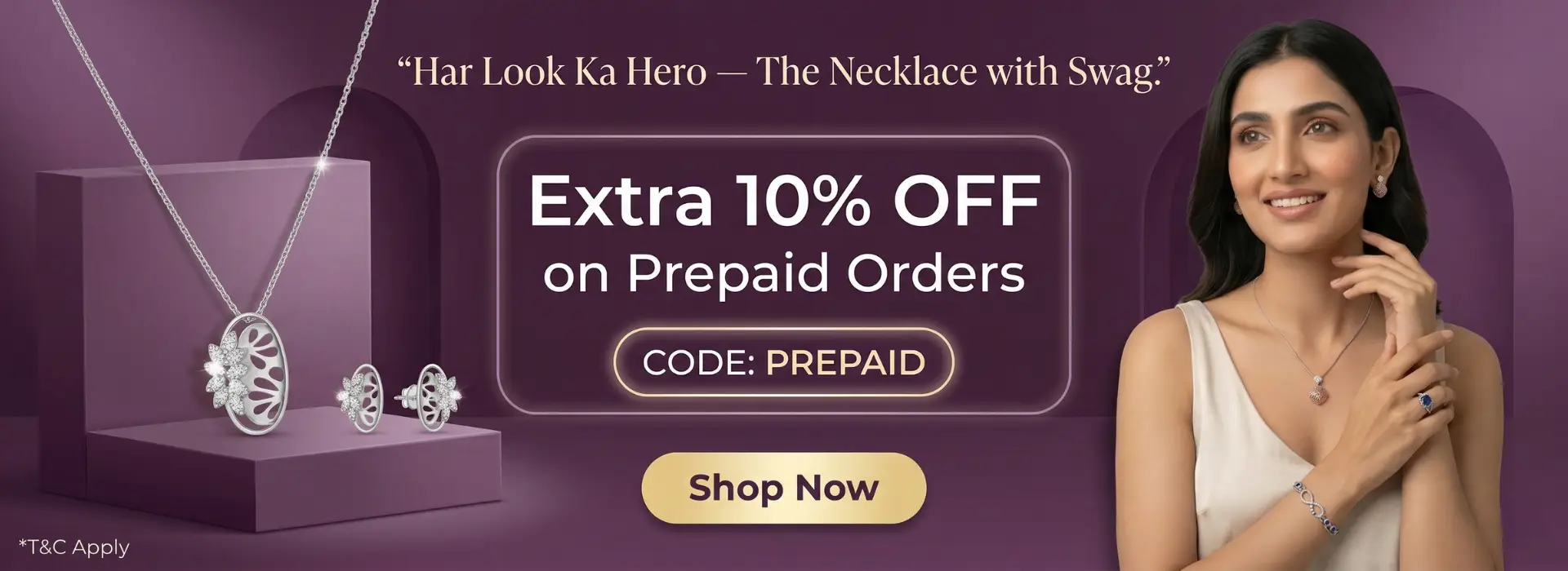 Woman wearing a modern silver necklace and earrings set, promoting an extra 10 percent off on prepaid orders.