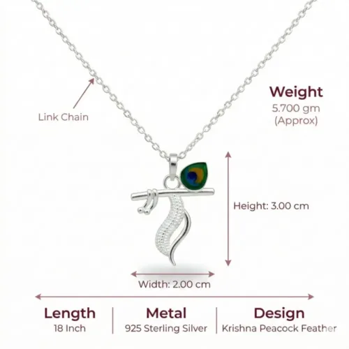 Detailed dimensions, weight, and size specifications chart for the complete Krishna peacock feather necklace, clearly showing the 18-inch link chain details.