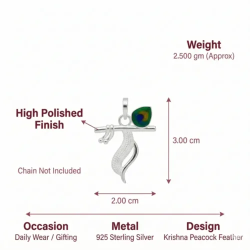 Dimensions and specifications of the silver krishna locket showing 3.00 cm height, 2.00 cm width, and 2.500 gm weight. Note: Chain not included.