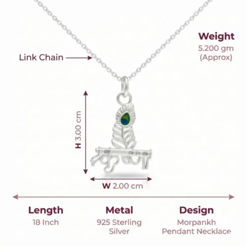 Dimensions and specifications of the krishna Morpankh Pendant Necklace, showing 2.5 cm width, 2.0 cm height, and 18-inch link chain details.