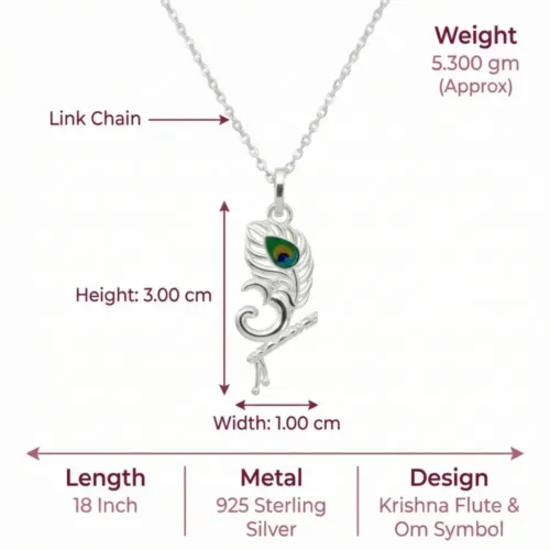 Dimensions and specifications of the 925 sterling silver Om Flute Pendant Necklace showing height, width, and chain length.