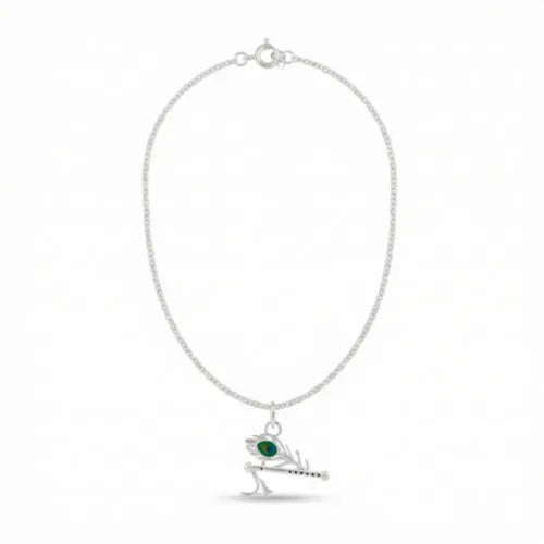 Close up view of the intricate morpankh pendant design showing the silver flute and colorful feather detailing.