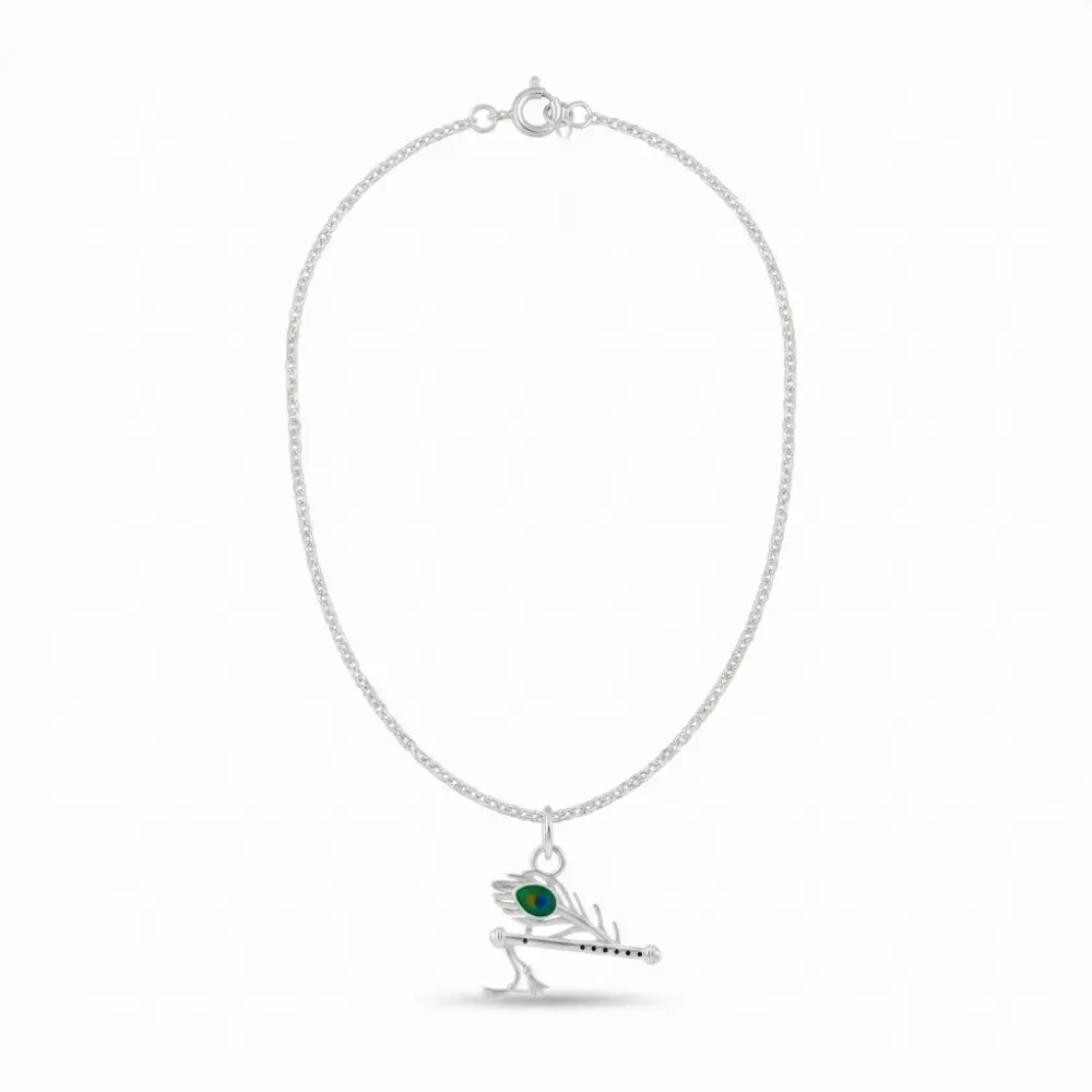 Morpankh Pendant Design Details Close up view of the intricate morpankh pendant design showing the silver flute and colorful feather detailing.