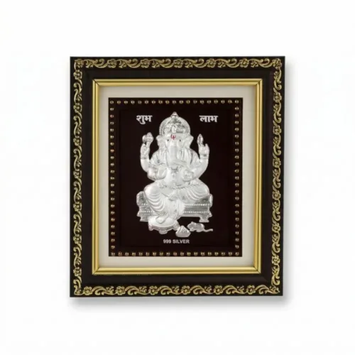 Front view of 999 pure Silver Ganesh Frame featuring Shubh Labh text in a wooden border