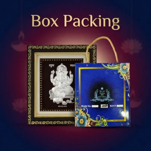 Premium blue box packaging of the 999 pure silver Ganesh frame ready for secure delivery and gifting