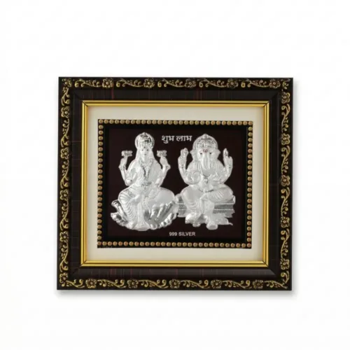 Front view of authentic 999 pure Silver Laxmi Ganesh Frame with Shubh Labh text