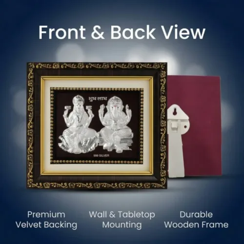 Back view of the pure silver laxmi ganesh frame showing premium velvet backing, wall mount hook, and tabletop stand