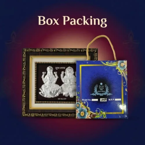Premium blue gift box packaging of the pure silver laxmi ganesh frame for gifting