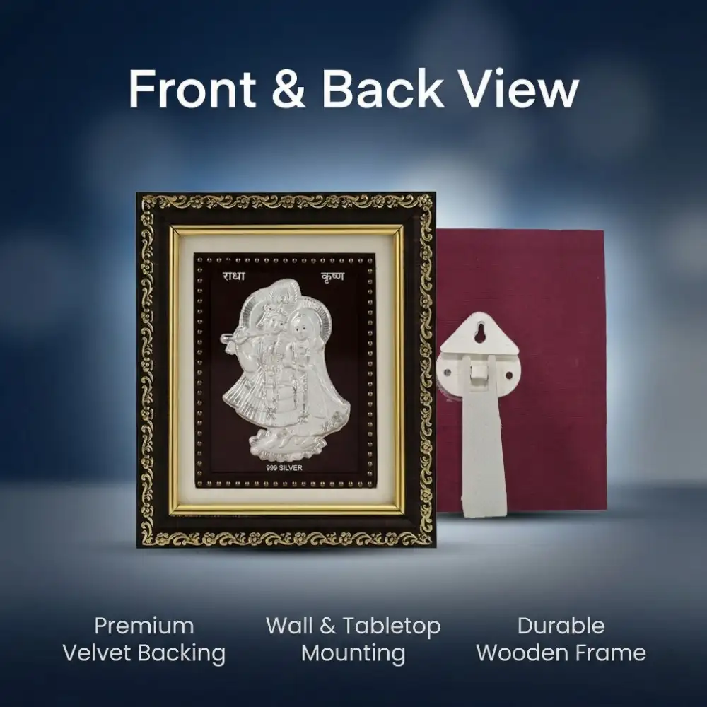 Silver Radha Krishna Frame with Tabletop and Wall Mount Back view of the silver radha krishna frame showing premium velvet backing, tabletop stand, and wall mount hook