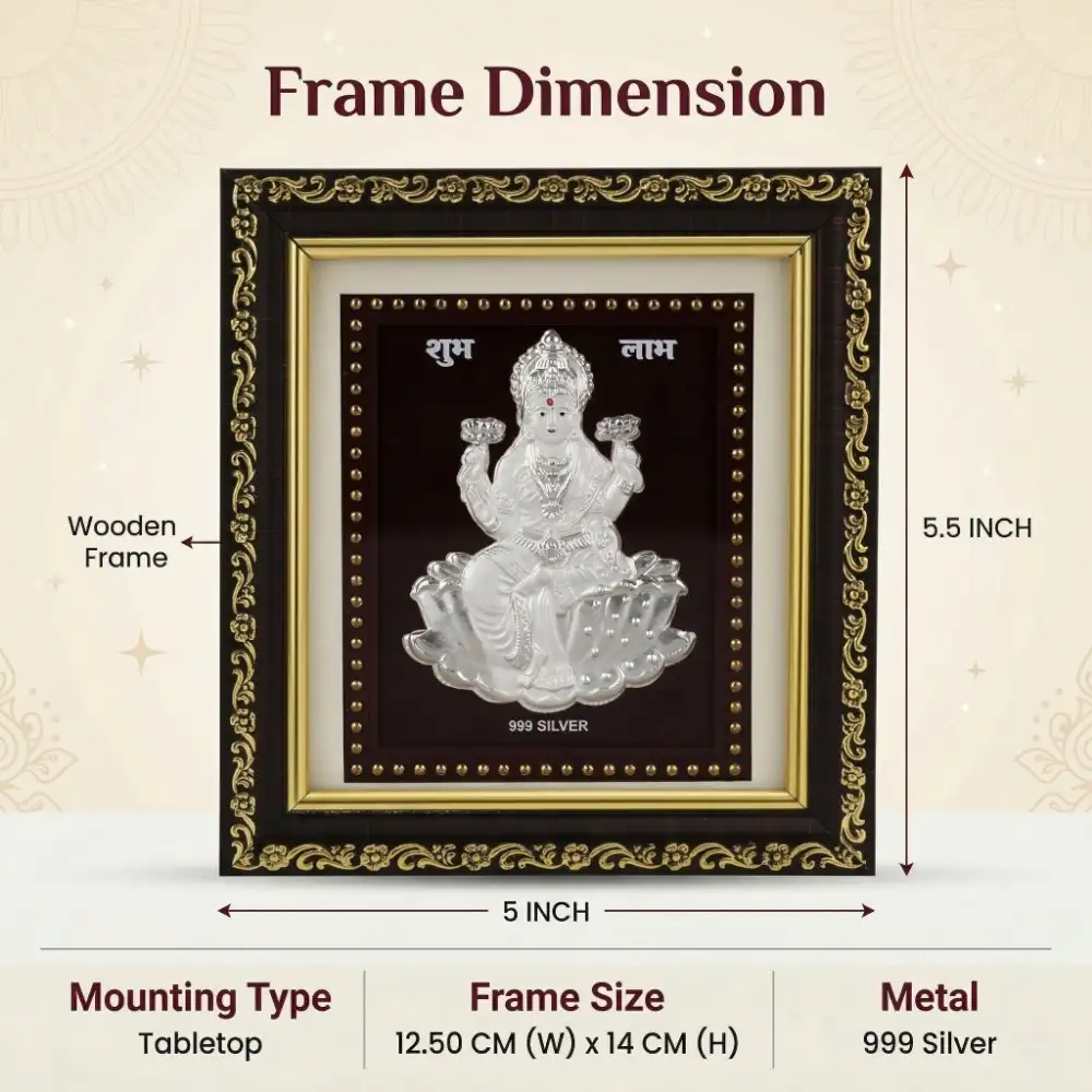 Silver Laxmi Frame Size and Dimensions Outer dimensions and size details of the 5x5.5 inch pure silver laxmi idol frame for pooja room
