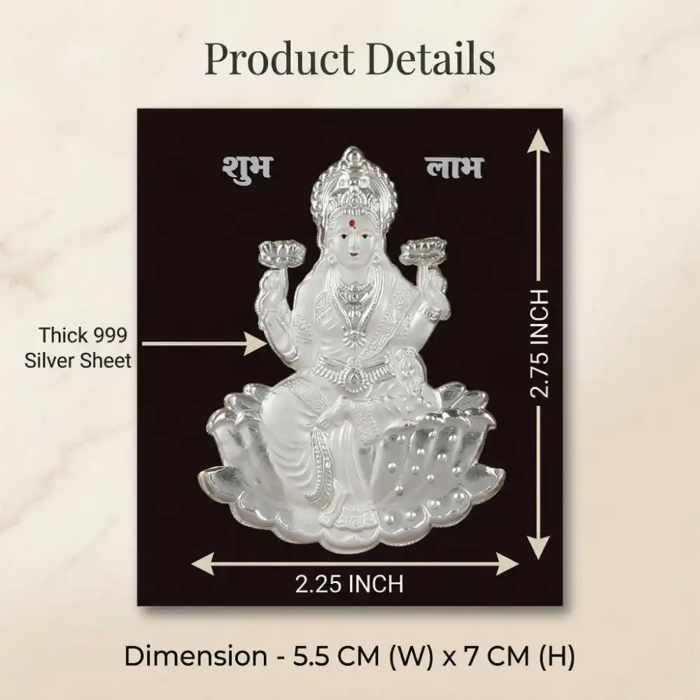 Authentic Pure Silver Laxmi Detailing Close up details highlighting the thick 999 pure silver sheet used in the handcrafted Laxmi idol