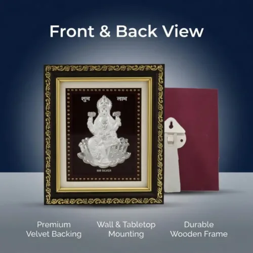 Back view of the silver laxmi frame showing premium velvet backing, tabletop stand, and wall mount hook