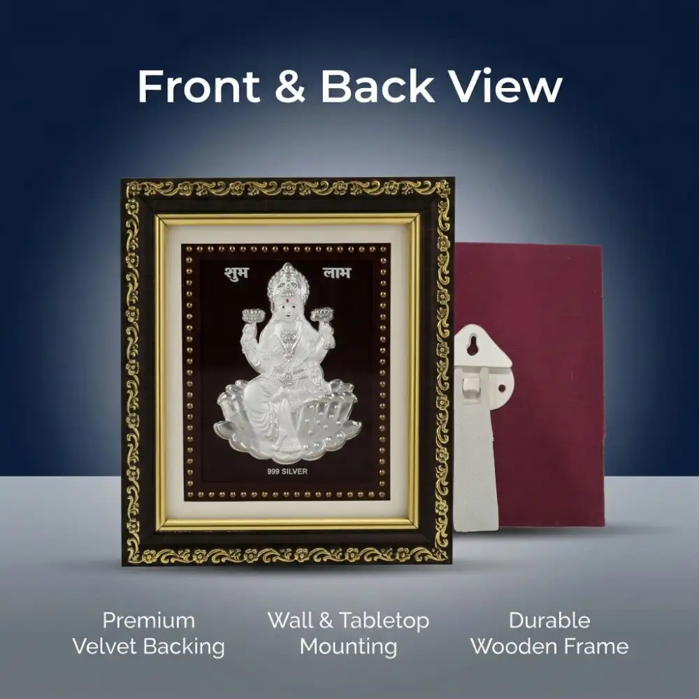 Silver Laxmi Frame with Tabletop and Wall Mount Back view of the silver laxmi frame showing premium velvet backing, tabletop stand, and wall mount hook