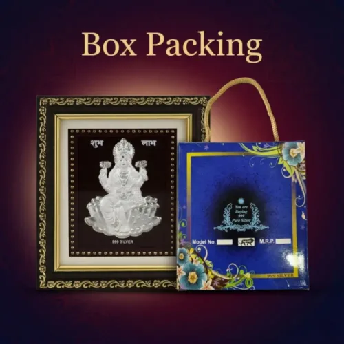 Premium blue gift box packaging of the 999 pure silver laxmi frame for Diwali and auspicious gifting