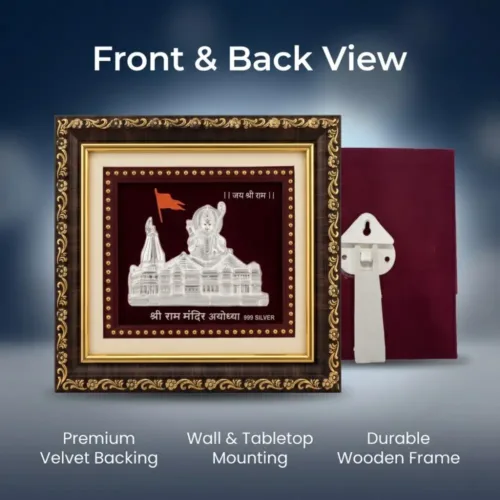 Back view showing premium velvet backing, tabletop stand, and wall mount hook for the silver ram mandir frame