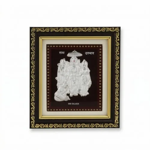Front view of handcrafted 999 pure silver ram darbar frame featuring Lord Ram, Sita, Lakshman, and Hanuman