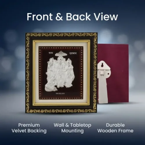 Back view showing premium velvet backing, wall mount hook, and tabletop stand of the silver ram darbar frame