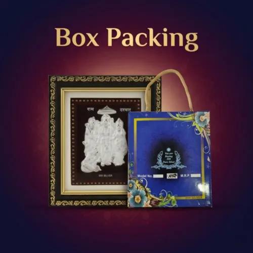 Premium blue gift box packaging of the pure silver ram darbar frame for auspicious gifting