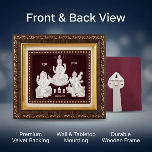 Back view showing premium velvet backing, wall mount hook, and tabletop stand of the silver laxmi ganesh saraswati frame