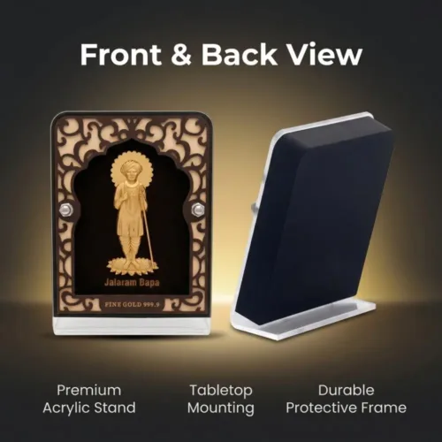 Back view highlighting the premium acrylic stand and tabletop mounting of the 24k pure gold foil jalaram bapa frame
