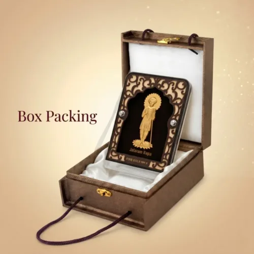 Premium brown gift box packaging of the pure 24k gold foil jalaram bapa idol for business gifting and inaugurations