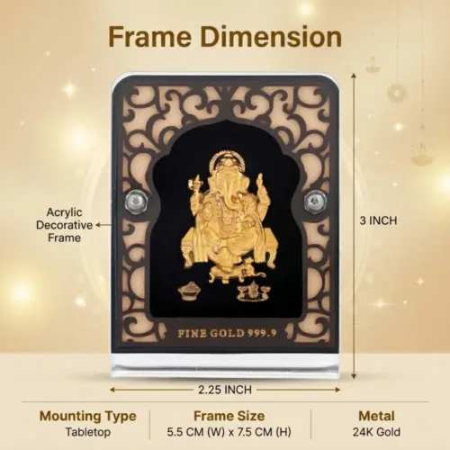 Outer dimensions and size details of the 2.25x3 inch pure 24k gold foil ganesh idol with acrylic frame for car dashboard