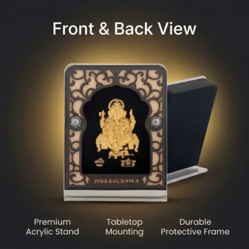 Back view highlighting the premium acrylic stand and tabletop mounting of the 24K gold foil ganesh frame