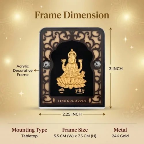 Outer dimensions and size details of the 2.25x3 inch pure 24k gold foil laxmi idol with acrylic frame for pooja room