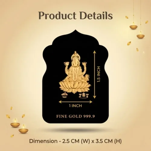 Close up details highlighting the exact 1x1.5 inch size of the 999 fine gold laxmi idol frame