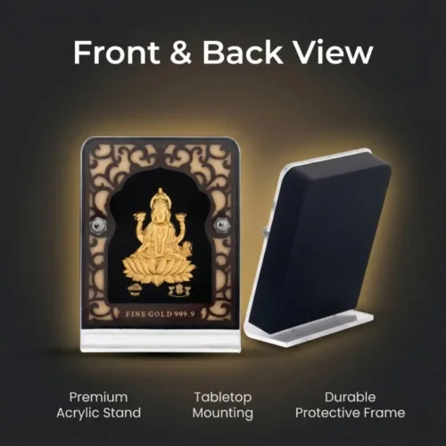Back view highlighting the premium acrylic stand and tabletop mounting of the 24K gold foil lakshmi frame