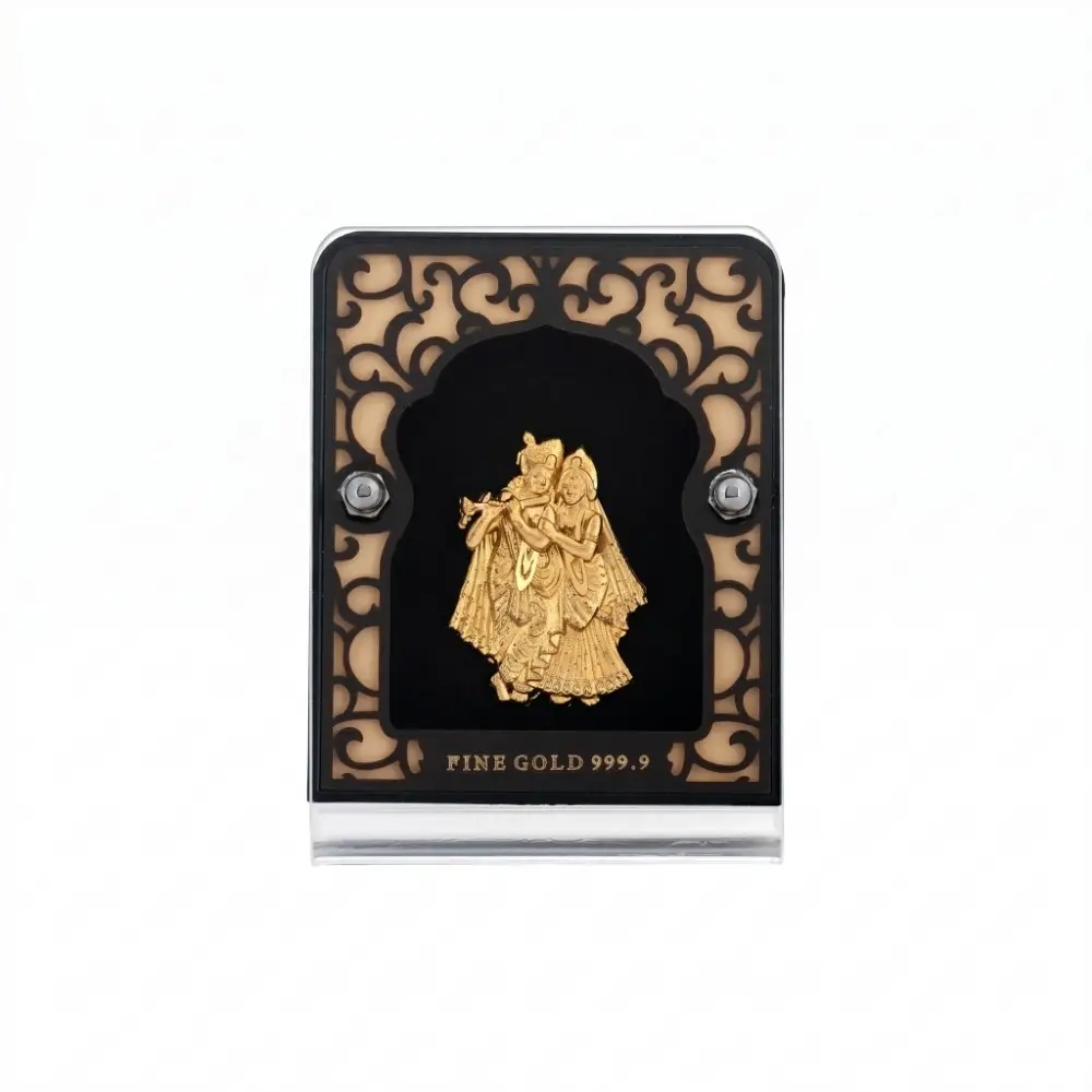 Buy 24K Gold Foil Radha Krishna Frame Online Front view of authentic 24K Gold Foil Radha Krishna Frame featuring 999.9 fine gold purity