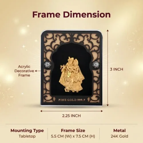 Outer dimensions and size details of the 2.25x3 inch pure 24k gold foil radha krishna frame for wedding gift
