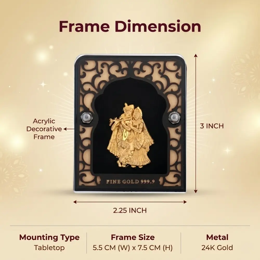 24K Gold Foil Radha Krishna Frame Size and Dimensions Outer dimensions and size details of the 2.25x3 inch pure 24k gold foil radha krishna frame for wedding gift