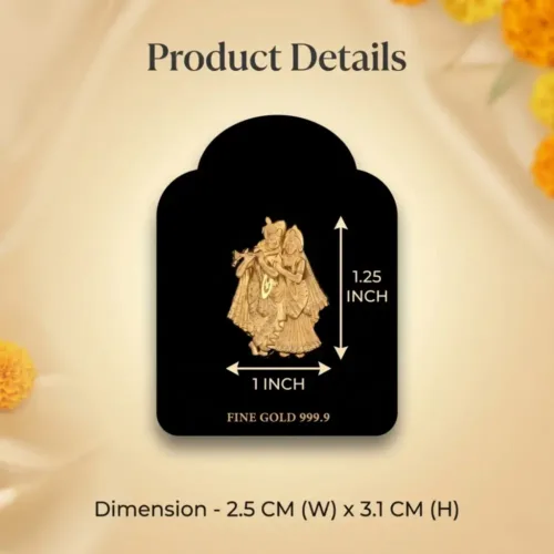 Close up details showing the exact 1x1.25 inch size of the 999 fine gold radha krishna idol frame