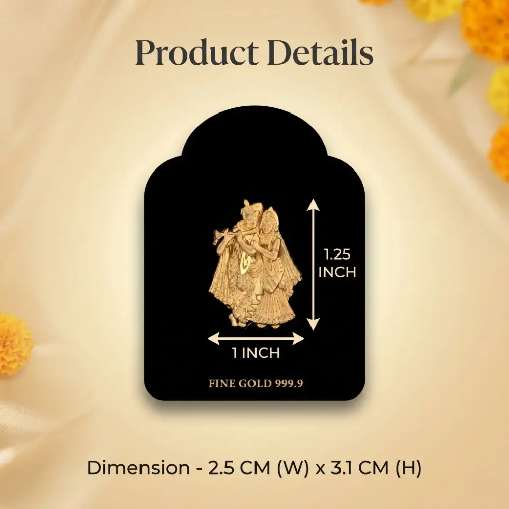 999.9 Fine Gold Radha Krishna Idol Detailing Close up details showing the exact 1x1.25 inch size of the 999 fine gold radha krishna idol frame
