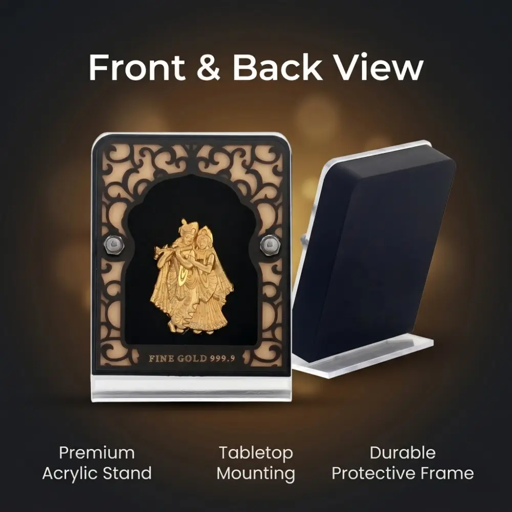 24K Gold Radha Krishna Frame with Premium Acrylic Stand Back view highlighting the premium acrylic stand and tabletop mounting of the 24K gold foil radha krishna frame