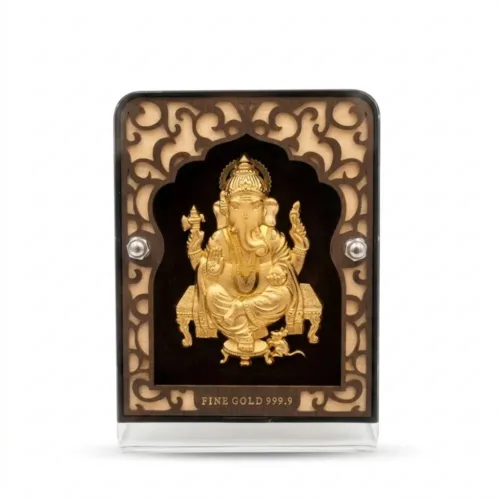 Front view of large 24K Pure Gold Foil Ganesh Frame featuring authentic 999.9 fine gold purity