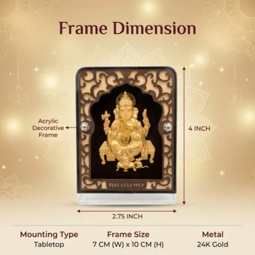 Outer dimensions and size details of the 2.75x4 inch pure 24k gold foil ganesh idol with acrylic frame for home mandir