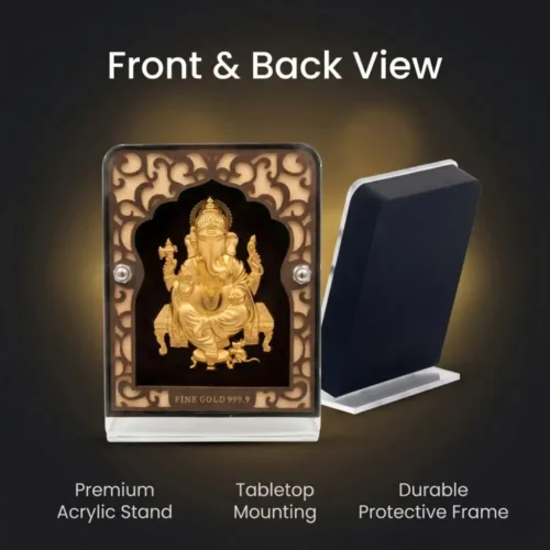 Back view highlighting the premium acrylic stand and tabletop mounting of the large 24k pure gold foil ganesh frame