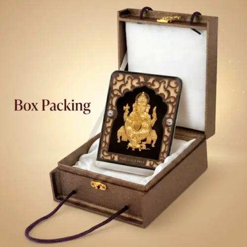 Premium brown gift box packaging of the pure 24k gold foil ganesh idol with acrylic frame for corporate gifting