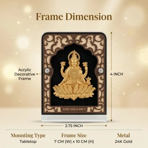 Outer dimensions and size details of the 2.75x4 inch large pure 24k gold foil laxmi idol with acrylic frame