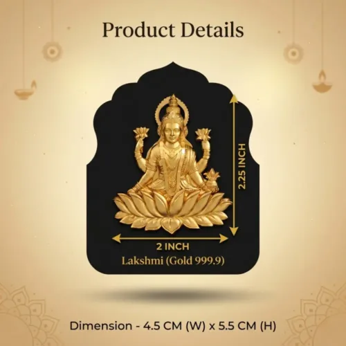 Close up details highlighting the grand 2x2.25 inch size of the deity inside the 24kt gold laxmi frame